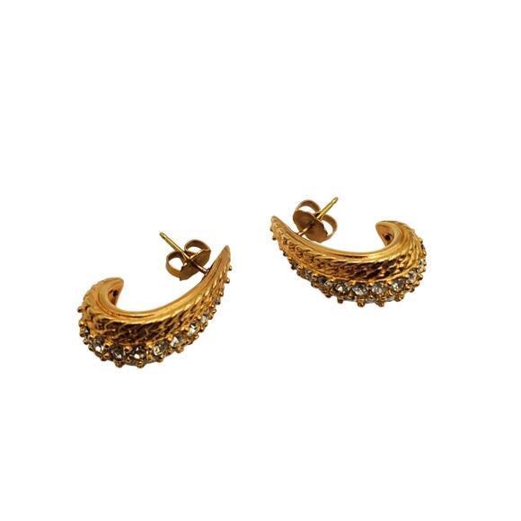 Krementz Crystal Half Hoop Earrings Pierced Post Pave Rhinestone Gold Tone - Picture 6 of 7